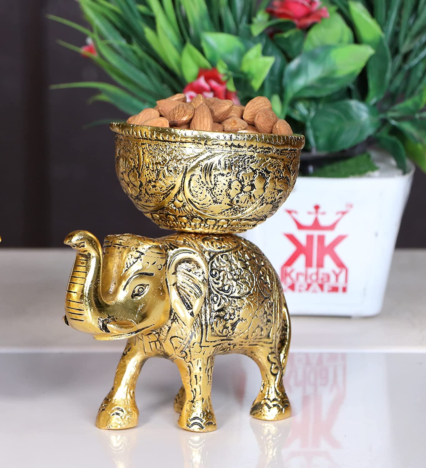 DreamKraft Metal Elephant Dry Fruit Bowl Showpiece