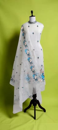 Handwoven Kota Doria Cotton-Silk Dress Material with Hand Embroidery