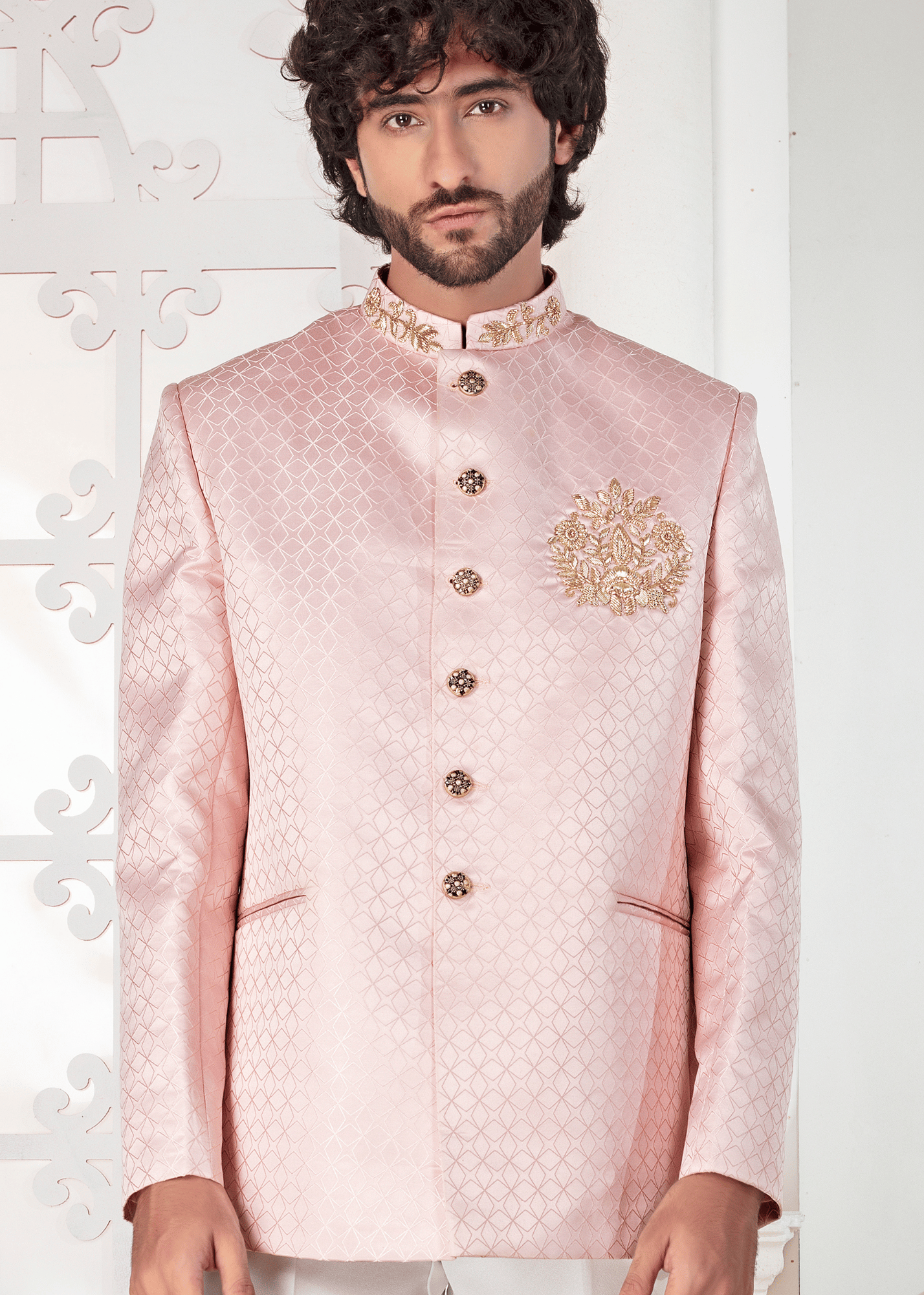 Pink Jacquard with Hand Embroidery Jodhpuri Suit