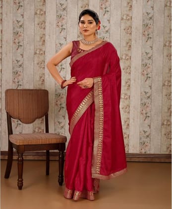 Women's Vichitra Plain Saree with Unstitched Blouse (Maroon, 5-6 Mtrs)