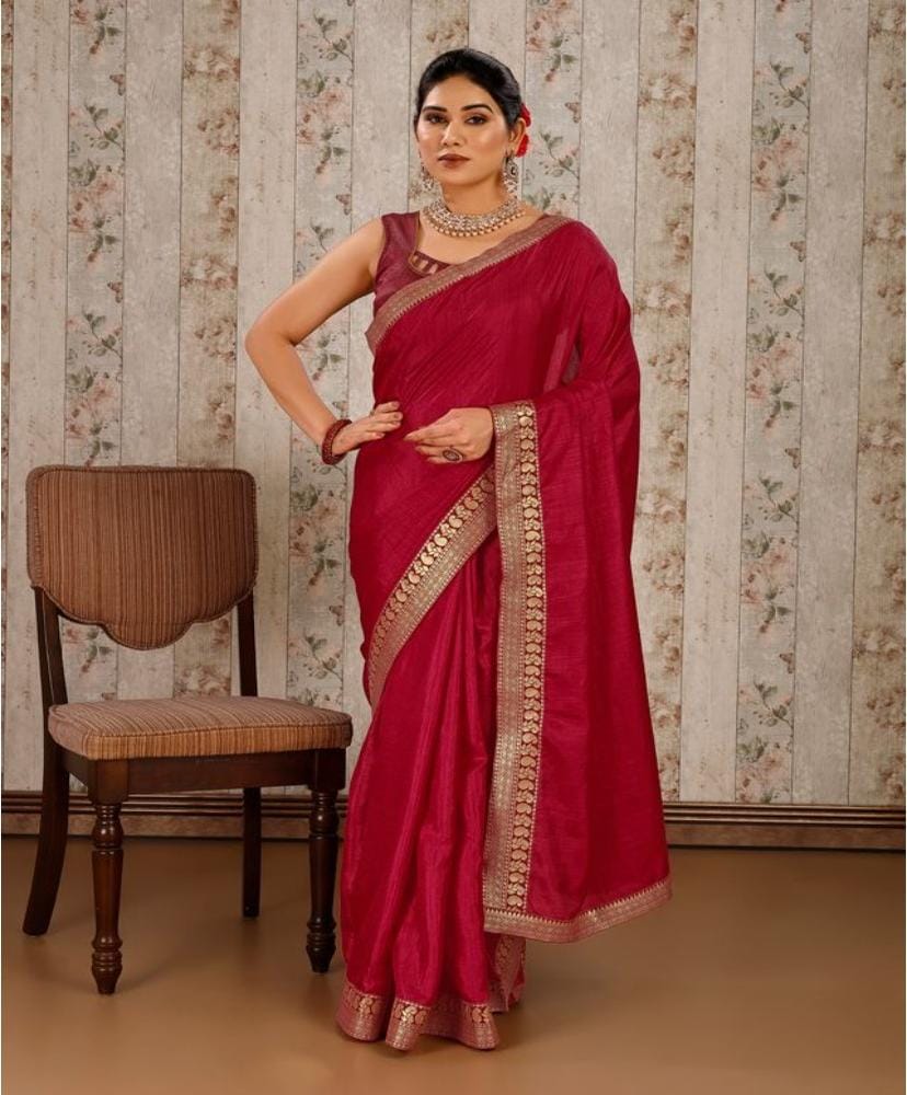Women's Vichitra Plain Saree with Unstitched Blouse (Maroon, 5-6 Mtrs)