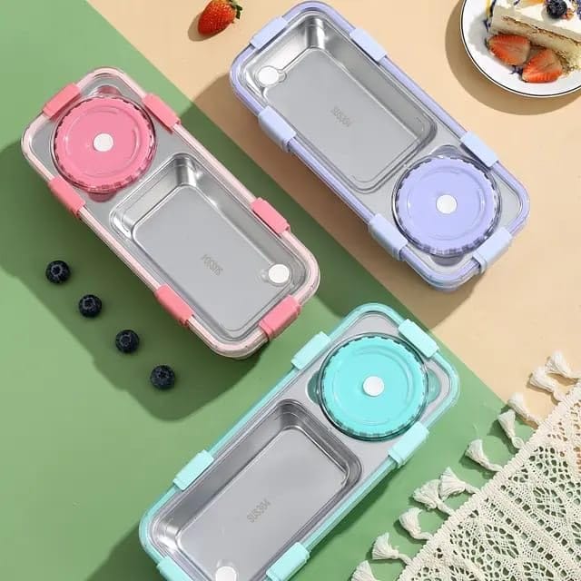 Little Station Portable Bento Lunch Box with Leak-Proof Compartments, Stainless Steel Interior, (Purple)