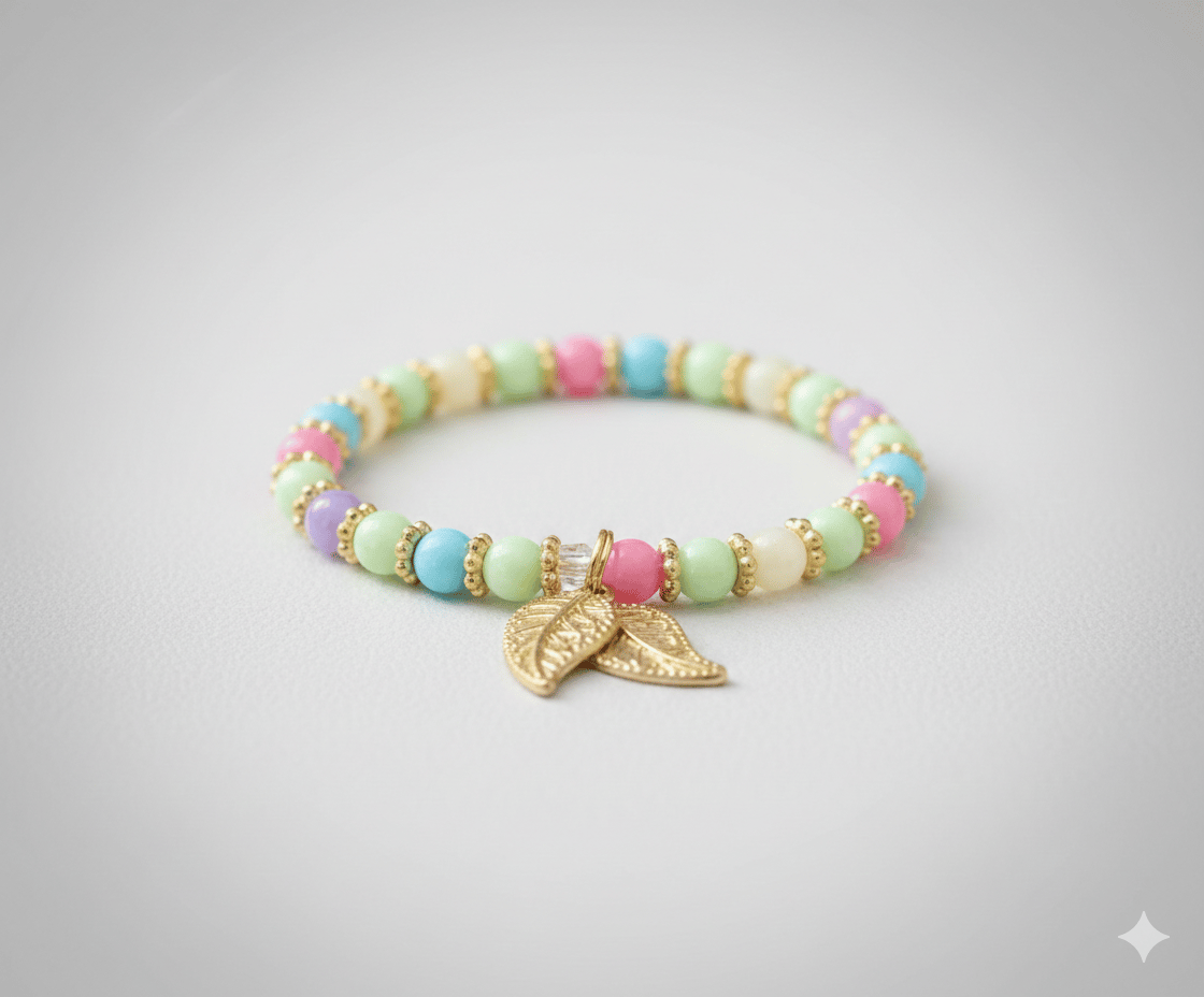 Multicolor Beaded Bracelet with Gold Leaf Charm for Women and Girls