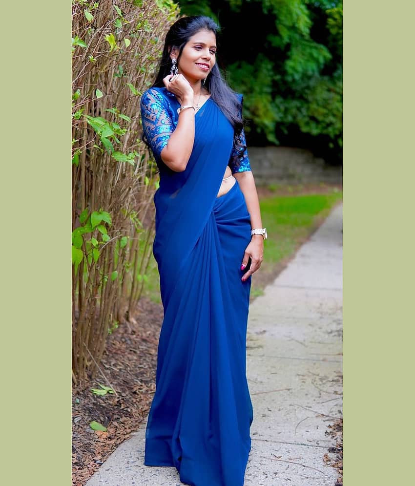 ANAND SAREES Georgette Dyed Saree With Unstitched Blouse Piece ( Blue )