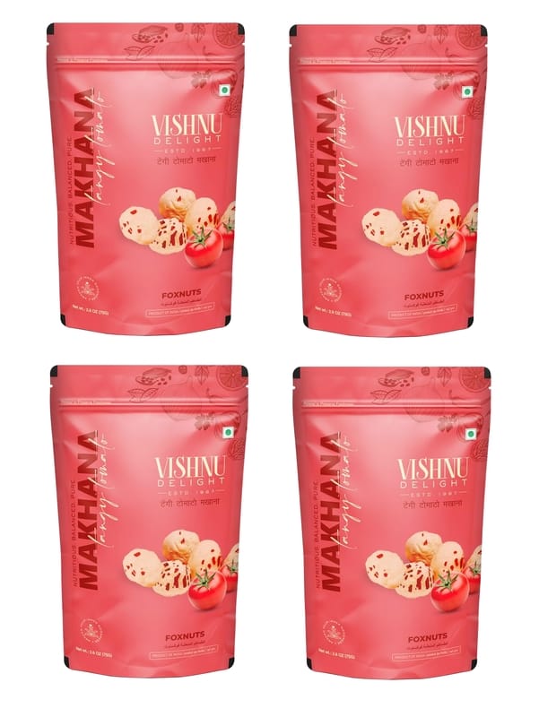 Vishnu Delight Tomato Treat Organic Roasted Makhana, (60g Each Pack of 4), Tangy Tomato Flavored - Perfect Snack for Those Who Love the Taste of Fresh Tomatoes