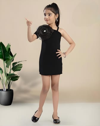 Girls One shoulder Bodycon Dress [GT-5010] (3-11 Years)-5-6Y (Size - 26) / Black / Imported