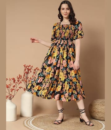 JASH CREATION Women Polyester Printed Fit & Flare Dress ( Gold )