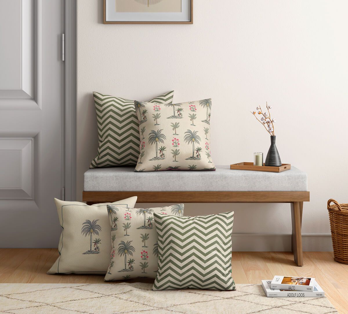 India Circus Chevron Palms - Satin Blend Cushion Cover Set Of 5 - 18 X 18 Inch