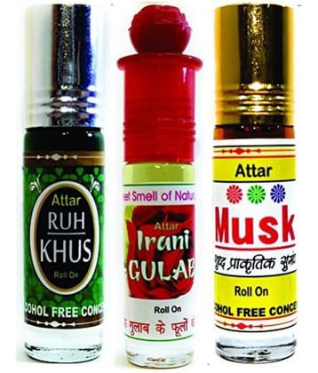 INDRA SUGANDH BHANDAR Attar RUH KHUS, IRANI GULAB, MUSK 6ml Rollon 3 Pc. Combo Pack