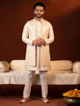 Cream Embroidered Long Jacket Kurta Set-XS/36 / Churidaar Set