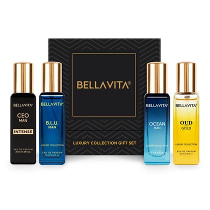 Bella Vita Luxury Collection Eau De Parfum Gift Set 4 x 20ml for Men with OUD GOLD, OCEAN, B.L.U & CEO Man Perfume|Long Lasting EDP Fragrance Scent Bella Vita Luxury Collection Eau De Parfum Gift Set 4 x 20ml for Men with OUD GOLD, OCEAN, B.L.U & CEO Man