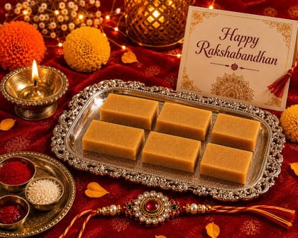 Ghasitaram's Raksha Bandhan Mysore Pak Sweet with Rakhi, Roli Chawal and Greeting Card, Plant Based, 200g, 4 Count