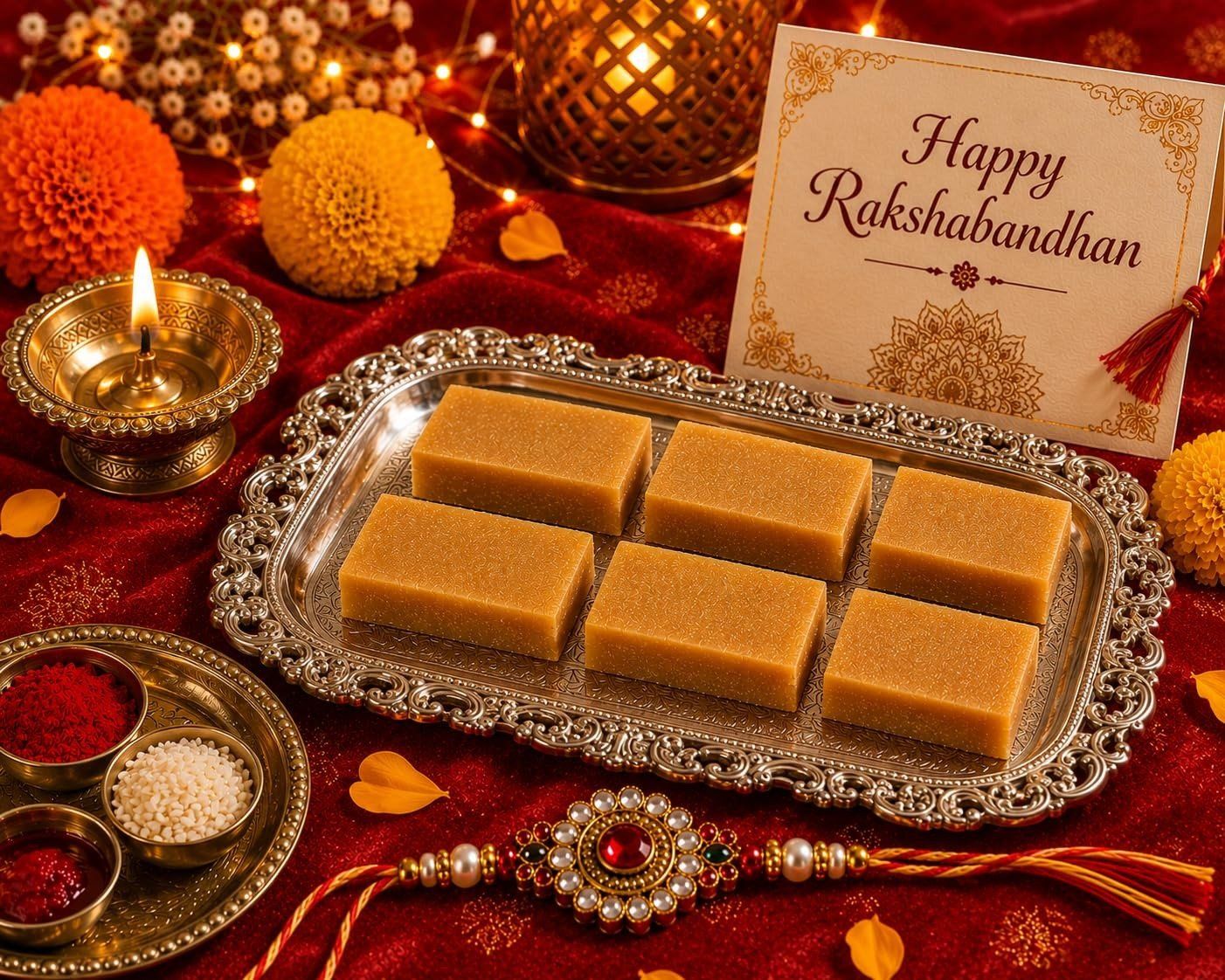 Ghasitaram's Raksha Bandhan Mysore Pak Sweet with Rakhi, Roli Chawal and Greeting Card, Plant Based, 200g, 4 Count