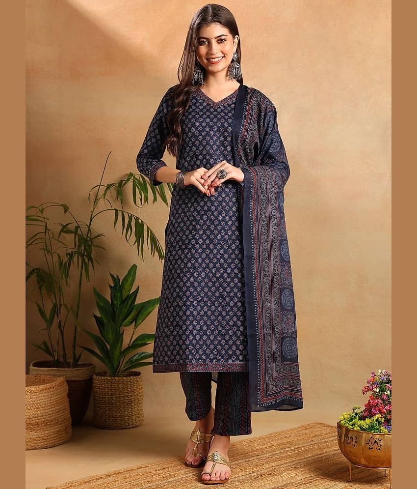Vaamsi Rayon Printed Kurti With Pants Women's Stitched Salwar Suit - Navy Blue ( Pack of 1 )