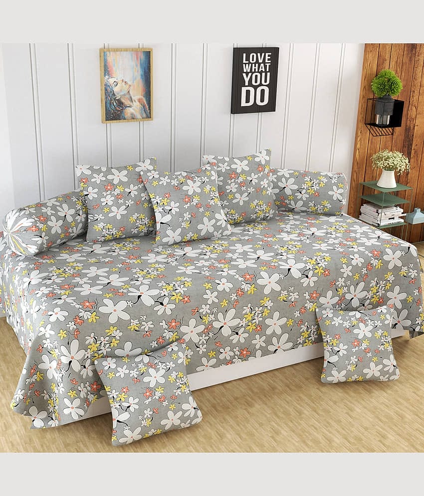 Homefab India Microfibre Floral Diwan Set 8 Pcs - Gray
