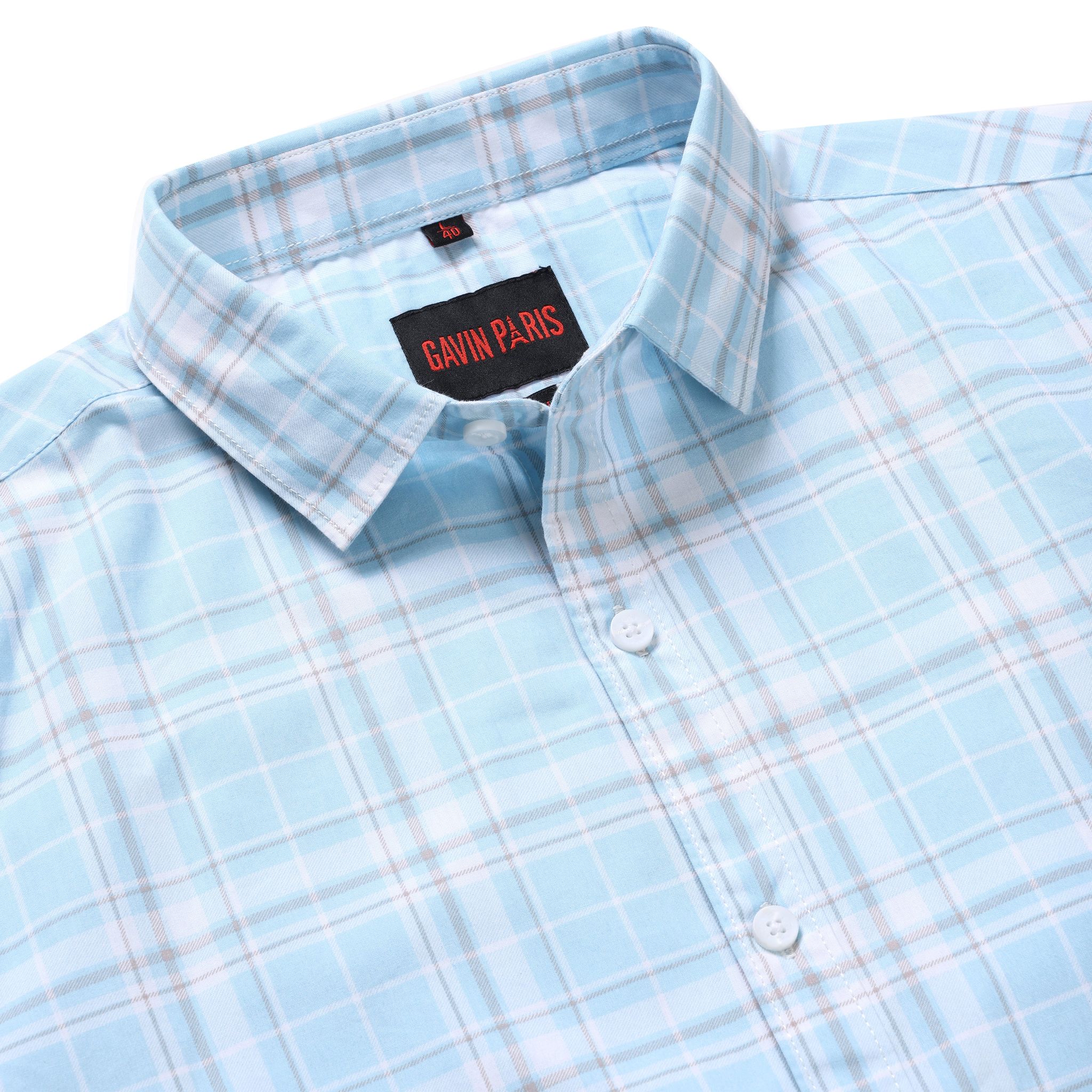Sky Blue Checkered Slim Fit Men's Full Sleeve Shirt (GP342)-M-38 / Full Sleeve