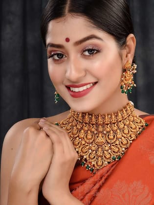 Gold Plated Intricate Temple Design Dangling Green Beads Choker Jewellery Set
