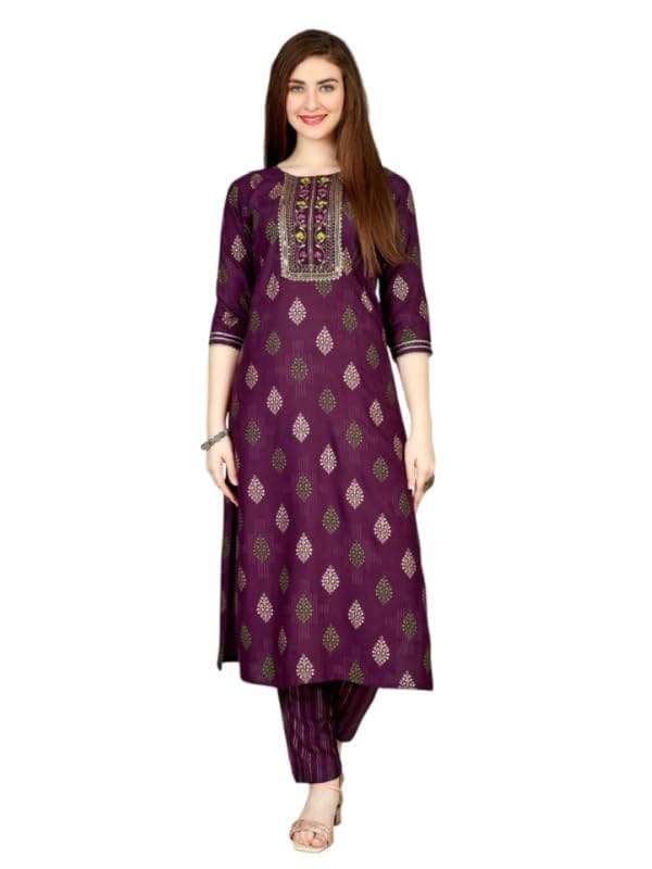 Women's Casual 3-4 th Sleeve Embroidery Rayon Kurti Pant Set (Purple, L)-PID50265