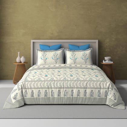Extra Soft Percale Cotton Super King Handblock Print Bedsheet with 2 Pillow Covers