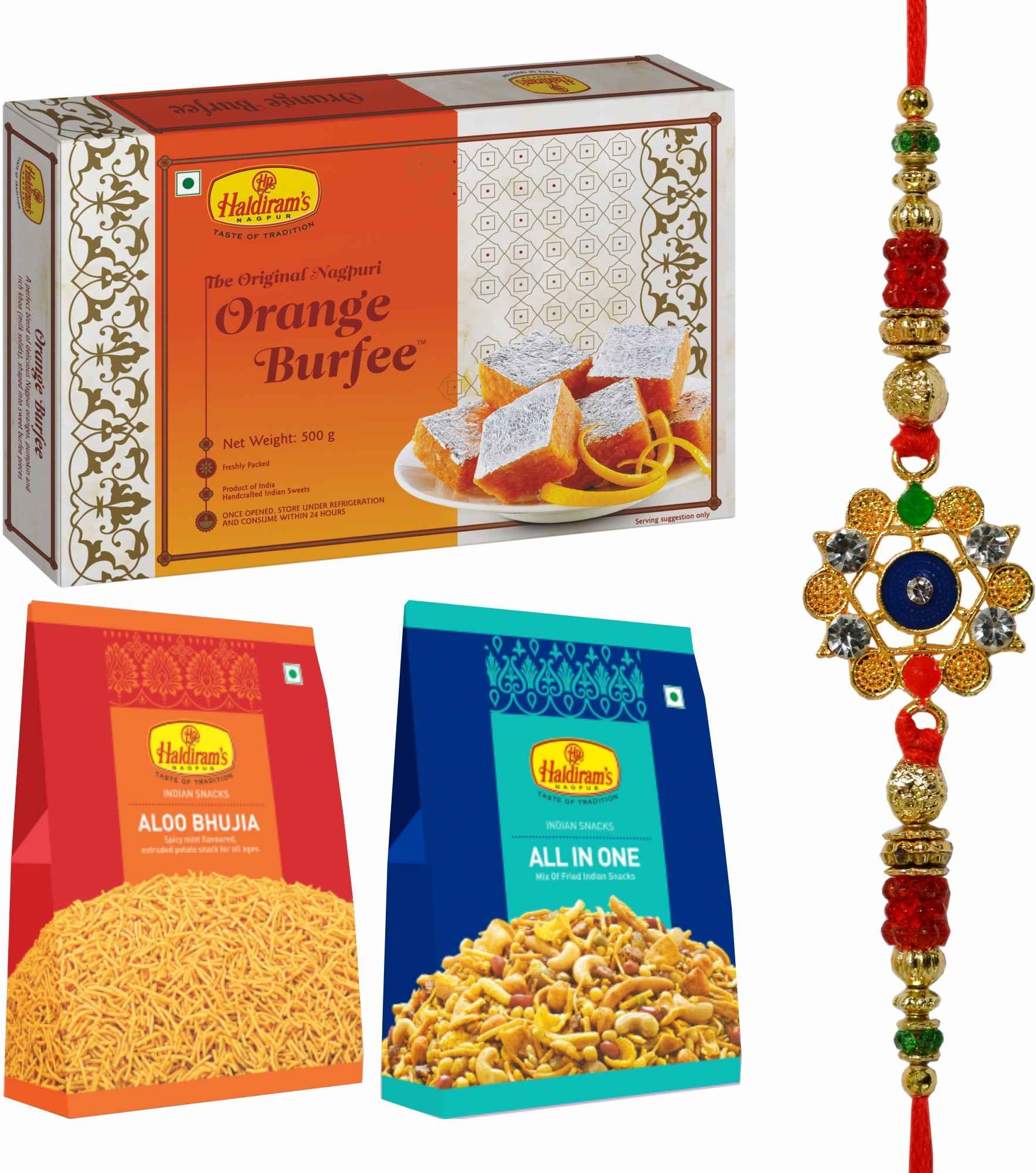 Haldiram's Nagpur Orange Burfee 500g,All in One(200g),Aloo Bhujia(200g) With Premium Rakhi Plastic Gift Box (Multicolor)