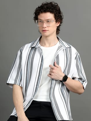 Premium Men Oversized Shirt, Yarn Dyed Stripes, Textured Fabric, Half Sleeve, Cotton, White-L / White