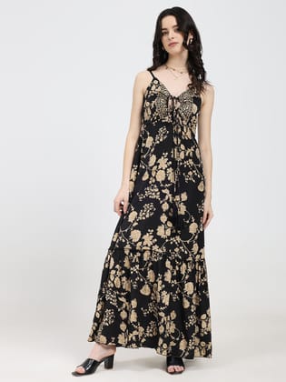 Boho Floral Black Maxi Dress – Lace-Up Neckline | Summer Beach Vacation Outfit-S