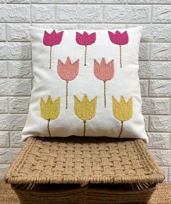 Indihomecraft Handicraft Cotton Cushion Cover - Hand Stitched Embroidery Decorative Art Boho Pillow Abstract Tulip Leaf Shape Pillow Cover | Square Shape 18X18 Inches Cushion Cover, Set of 2