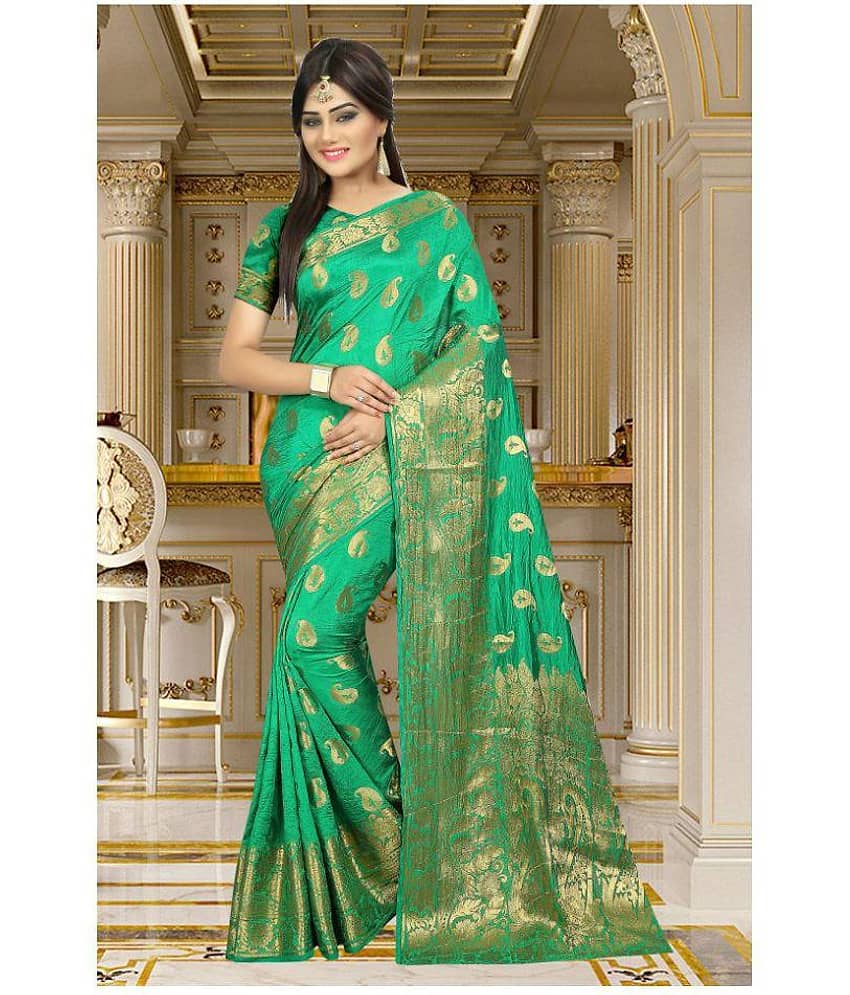 Gazal Fashions Silk Printed Saree With Unstitched Blouse Piece ( Green )