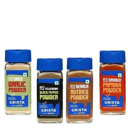 CRISTA Kitchen Ground Spices (Masala) Basics Combo Pack (Nutmeg Powder 50 gm, Garlic Powder 40 gm, Paprika Powder, 45 gm & Black Pepper Powder 50 gm) - Pack of 4