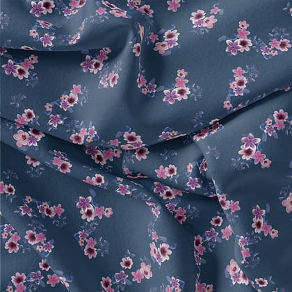 Pinkish Flowers With Neavy Blue Digital Printed Fabric-Polyester / Japan Satin / 110 CM | 43 Inch