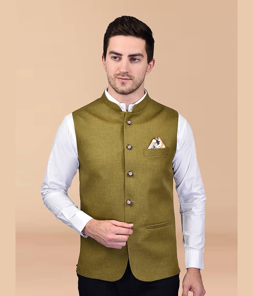 PRINTCULTR Olive Cotton Blend Men's Nehru Jacket ( Pack of 1 )