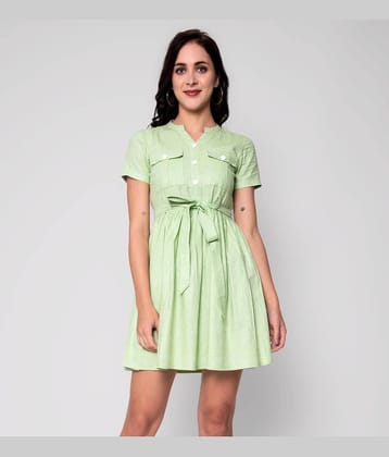 GOD BLESS Women Cotton Solid Fit & Flare Dress ( Green )