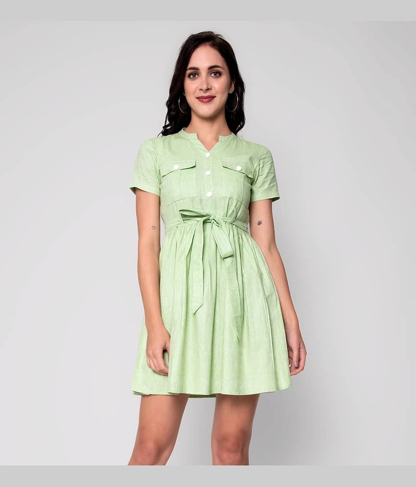 GOD BLESS Women Cotton Solid Fit & Flare Dress ( Green )