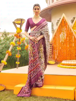 Magenta Sigma Silk Ajrakh Patola Saree With Golden Print