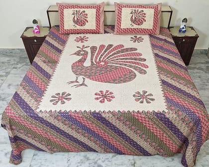 Cotton Bedsheet Set Printed with Pillow Covers, Peacock Design, 254 x 274 cm, Red, Blue, Grey