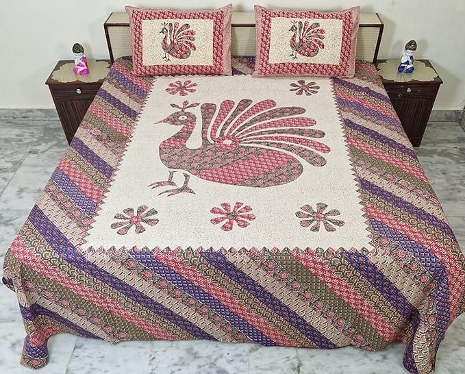 Cotton Bedsheet Set Printed with Pillow Covers, Peacock Design, 254 x 274 cm, Red, Blue, Grey
