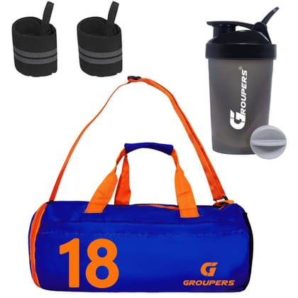 GROUPERS Combo Set of Duffle Polyester Bag with Shaker Bottle-400ml & Wrist BandlSports & Travel Bag (Blue 18)
