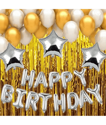 Jolly Party   golden silver Happy Birthday Decoration Combo Kit with Banner, Balloons, Foil Curtain 48pcs for Birthday Decoration