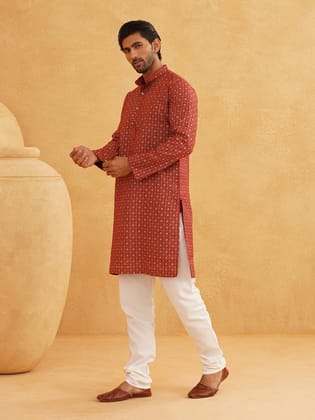 Men's Cotton Linen Maroon Foil Printed Kurta and White Pyjama Set-36