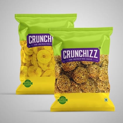 CRUNCHIZZ Authentic Kerala Style Yellow Banana Chips & Sesame Chikki White Combo I Traditional South Indian Recipe I No Artificial Additives I Perfect Munchy Bites I Pack of Two I 150 Grams Each I Total 300 Grams