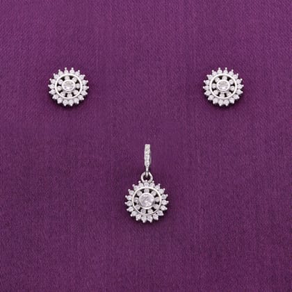 SHINING SUN FLARE ZIRCON SILVER PENDANT & EARRINGS SET-White Stone / Silver