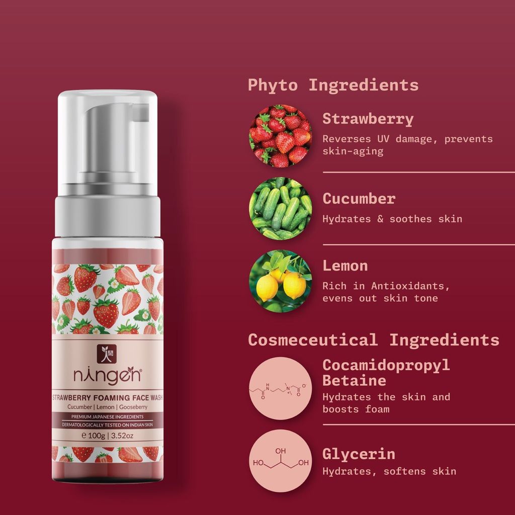 Ningen Strawberry Foaming Face Wash I Enriched with Cucumber, Lemon, Gooseberry I Irritation Free, Paraben Free I Removes Dirt, Toxins, Impurities I 100g, White