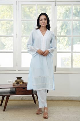 Blue Pearl Kurta Set with Narrow Pants-XXS / XXS