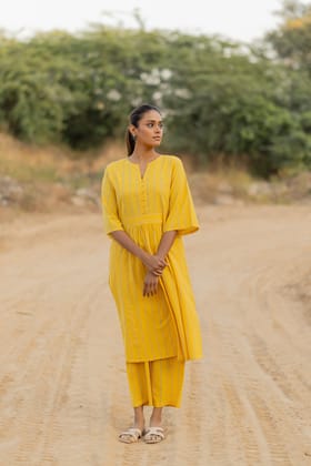 Yellow Sunshine Striped Kurta Set-S