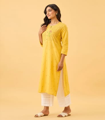 Yellow Floral Printed Cotton Casual Kurta-S / Yellow