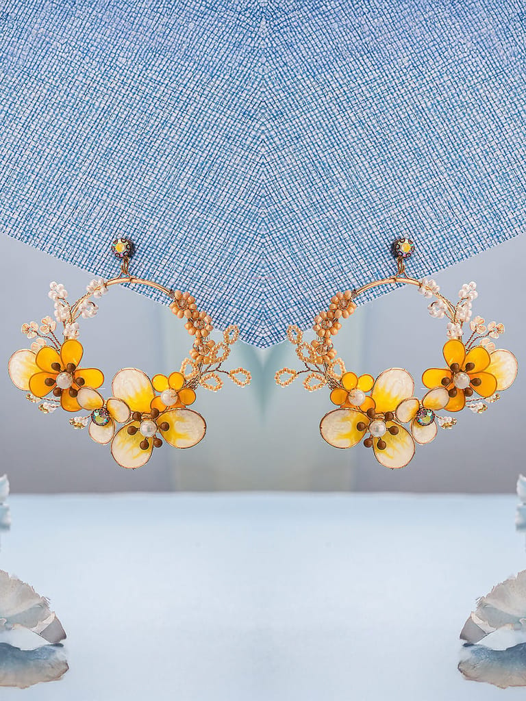 Yellow & White Enamelled & Beaded Statement Floral earrings - Earrings | Buy online on ZillyBuy