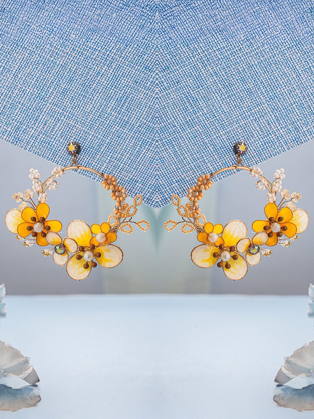 Yellow & White Enamelled & Beaded Statement Floral earrings