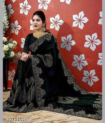 Shivadit ethnic Georgette Embroidered Saree With Unstitched Blouse Piece ( Black )