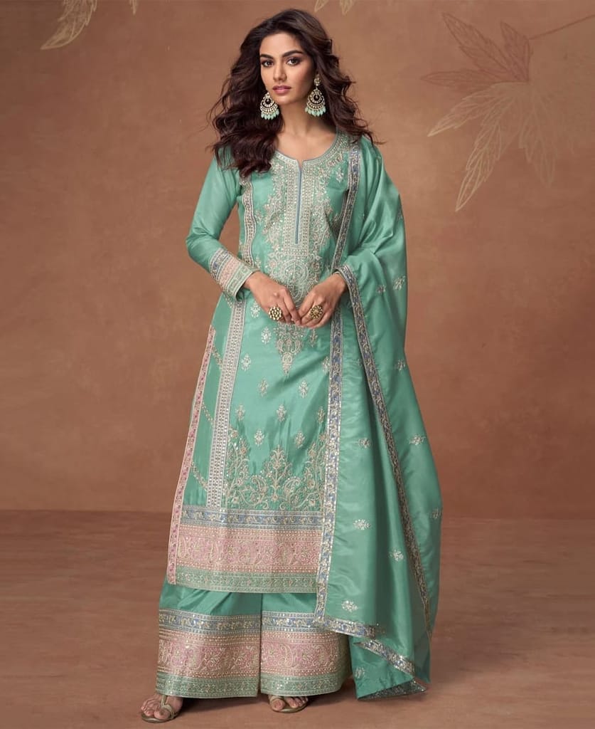 vichitra silk light green heavy embroidered straight suit for women