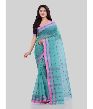 Desh Bidesh Cotton Embroidered Saree Without Blouse Piece ( Turquoise )